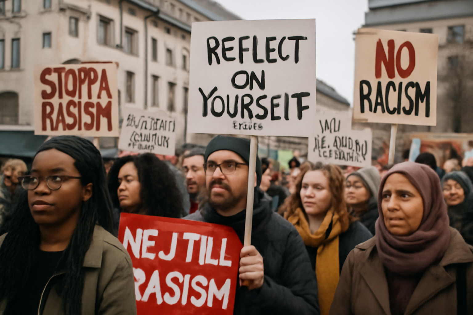 Politisk demonstration med antirasistiska symboler och engagerade deltagare