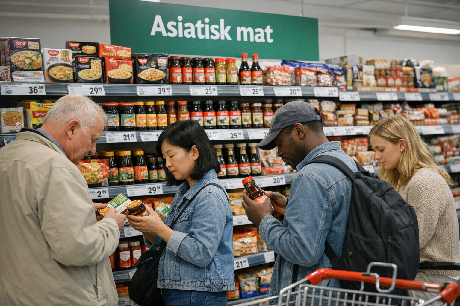 Tomma godishyllor i en svensk butik med suddiga varuetiketter