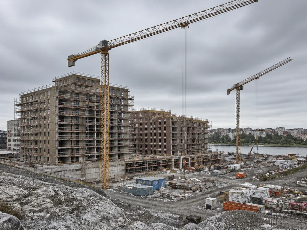 Byggkranar och nyproducerade flerbostadshus under gråmulen himmel