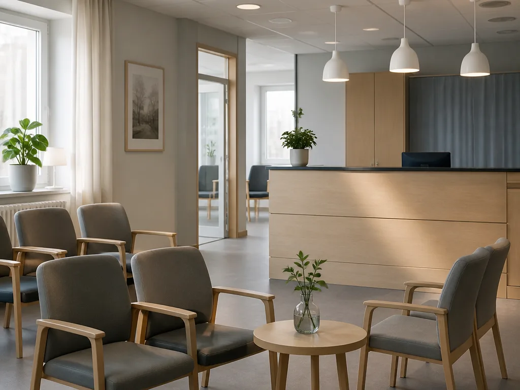 Tomt väntrum på ett kommunhus med stolar i rad och ljusa väggar