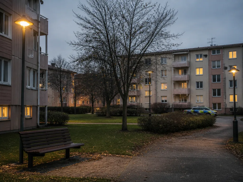 Tyst bostadsgård i skymning med en polisbil i bakgrunden
