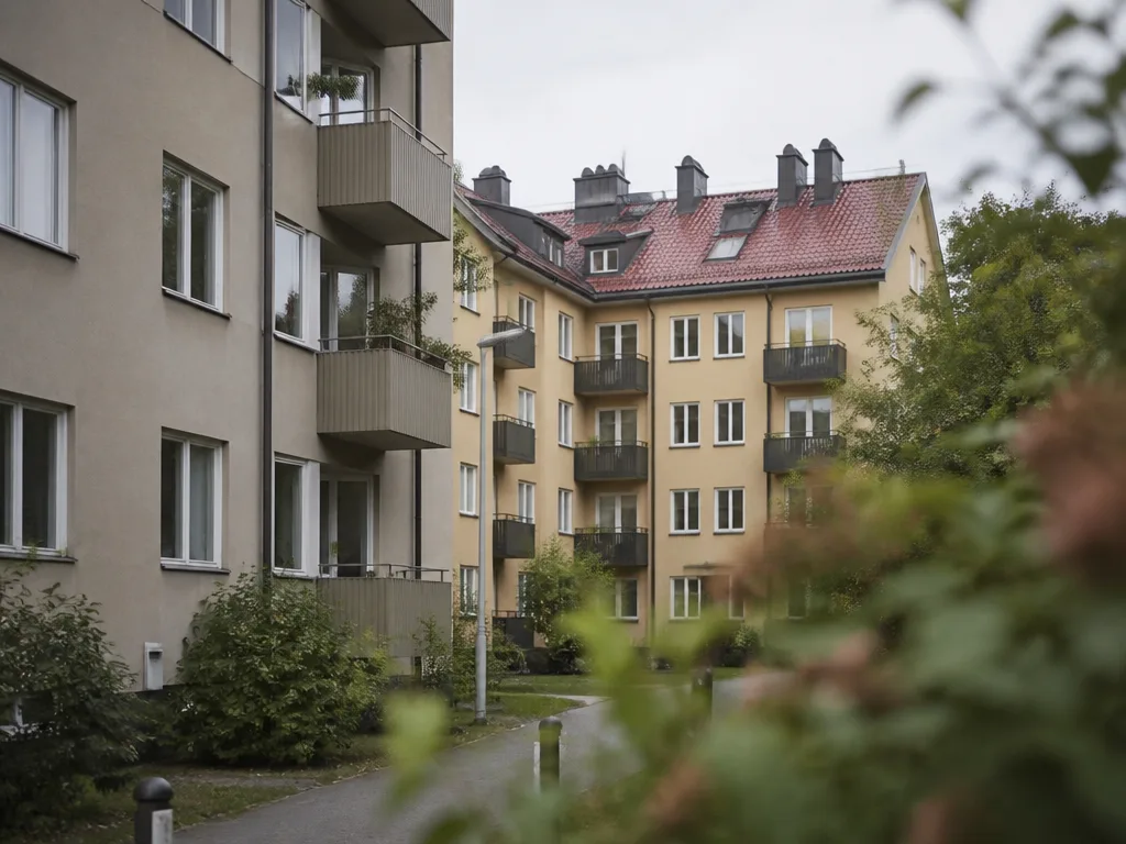 Flerbostadshus med hyreslägenheter i ett svenskt bostadsområde under mulen himmel