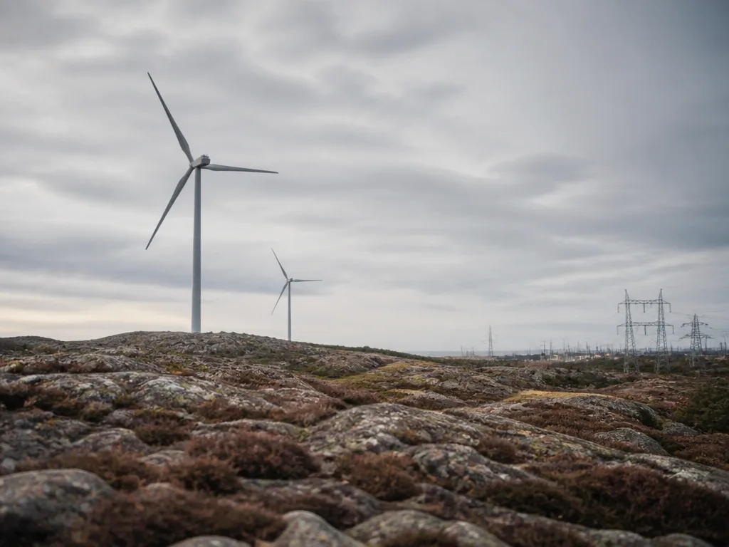 Vindkraftverk och kraftledningar i svenskt landskap under mulen himmel