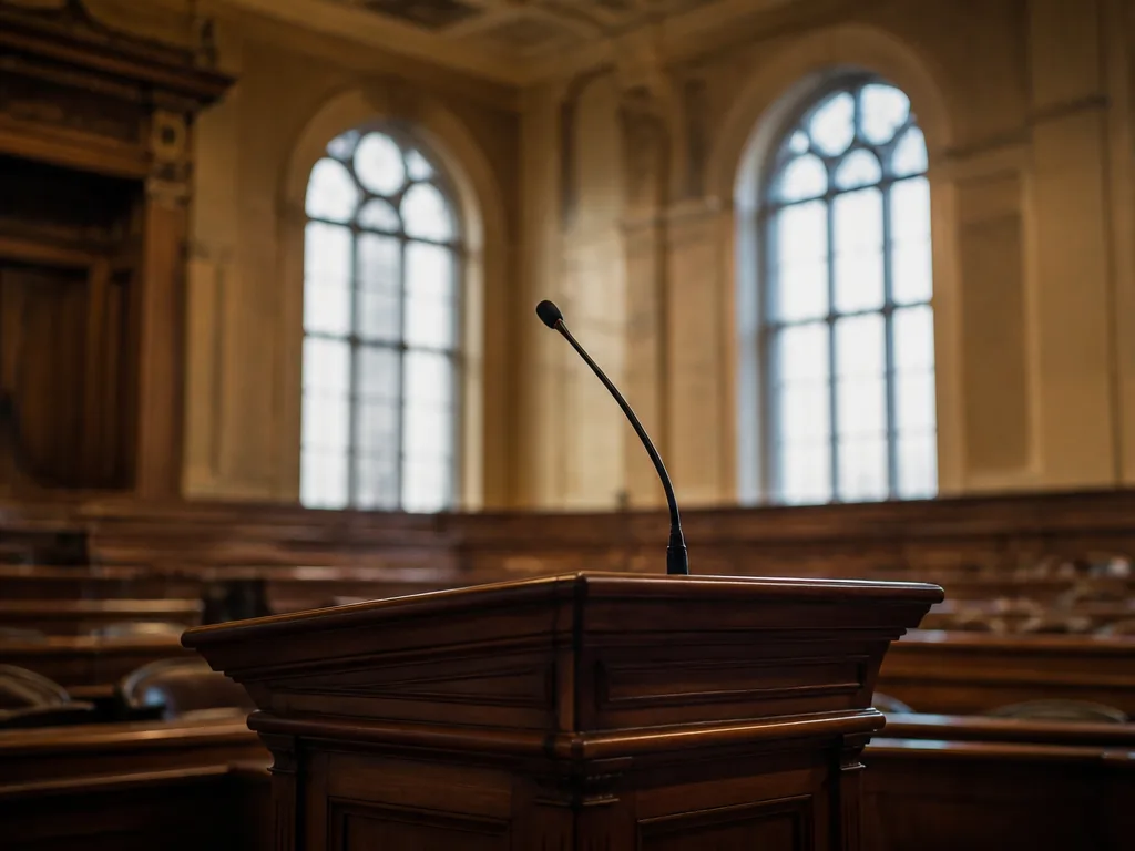 Tomt podium med mikrofon i en formell politisk kammare med naturligt ljus genom höga fönster