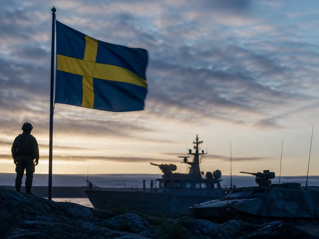 Svensk flagga och militär materiel i gryningsljus