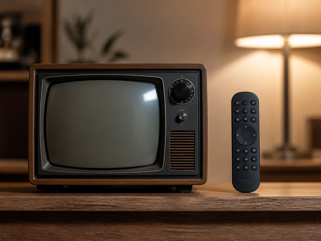 Äldre tv-apparat och en modern fjärrkontroll intill varandra i varmt inomhusljus