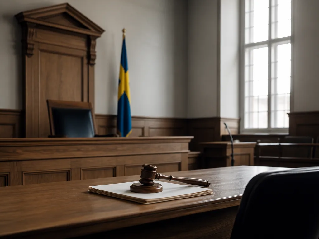 Tomt svenskt rättssalsbord i trä med en klubba som vilar på handlingar i dagsljus