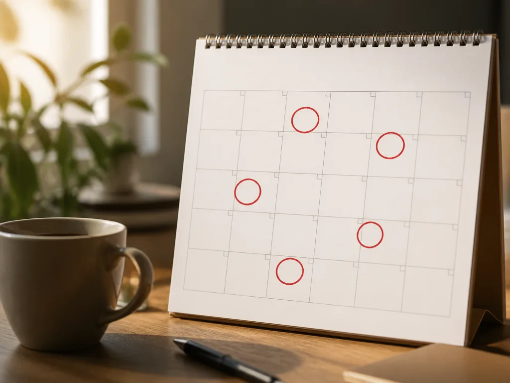 Väggkalender för 2026 med flera datum inringade i rött på ett skrivbord i varmt dagsljus