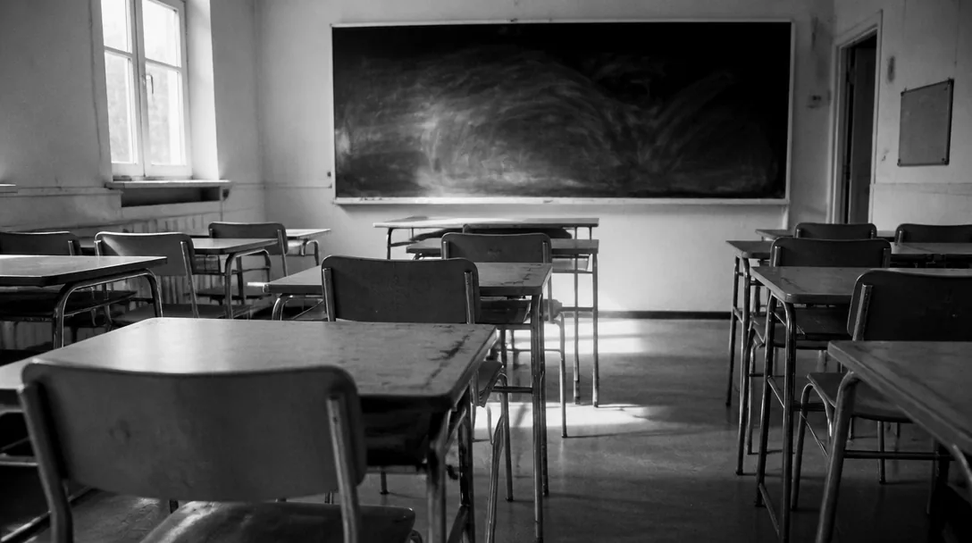 Tomma skolbänkar i klassrum med kritstreck på tavlan, svartvitt
