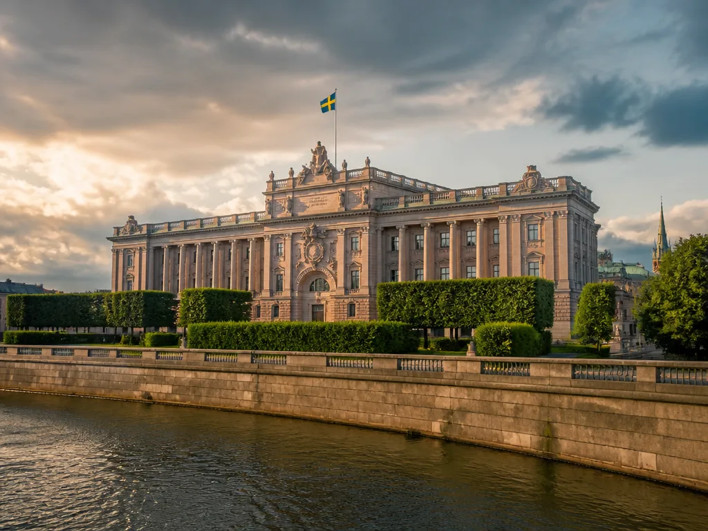 Riksdagshuset i Stockholm vid solnedgång med svenska flaggan