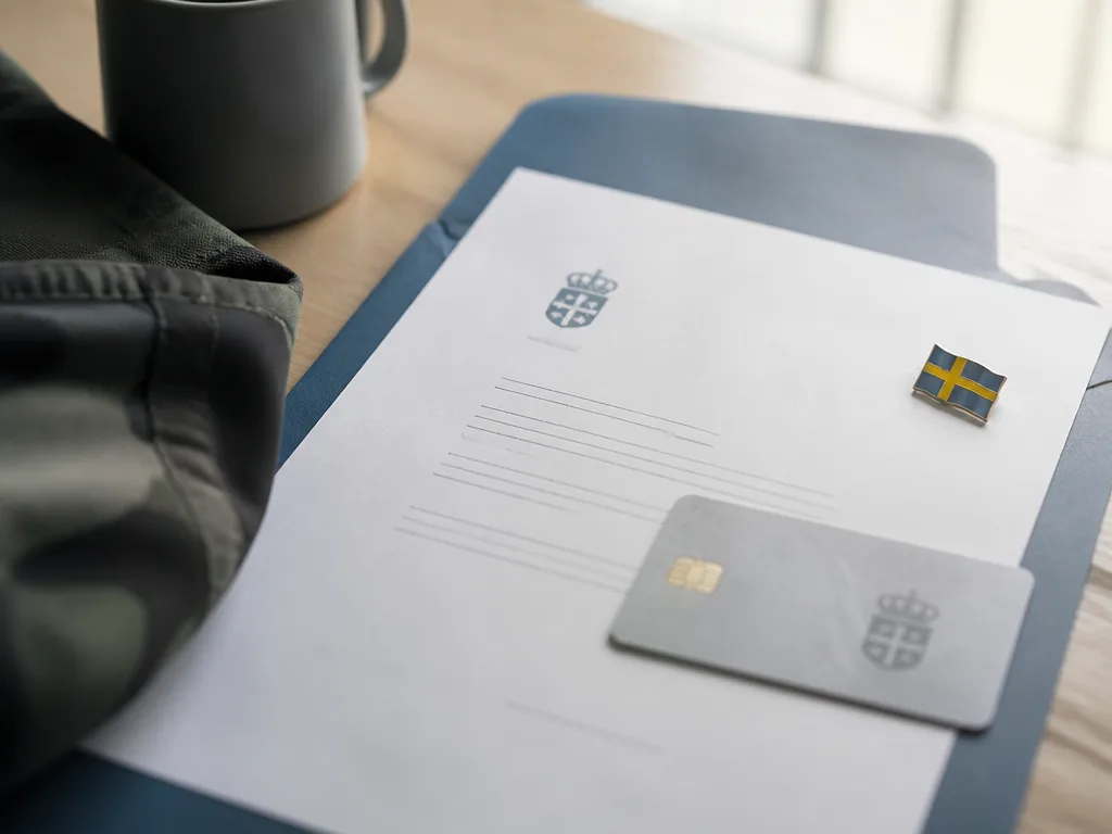Kallelsebrev och id-handling på ett skrivbord med en svensk flagga i bakgrunden