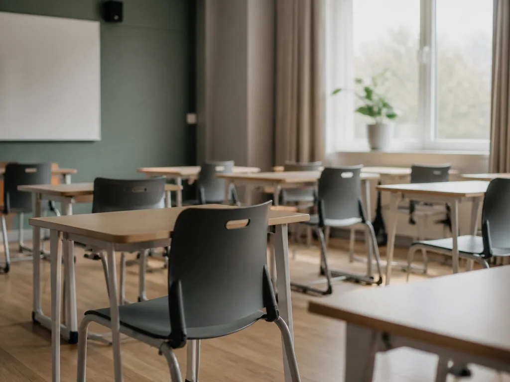 Tomt modernt klassrum med rader av skolbänkar i dagsljus