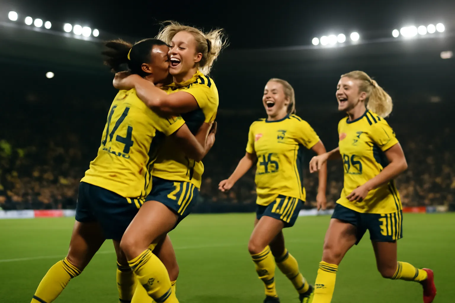 Damfotbollsspelare som firar mål med glädjetårar och lagkamrater