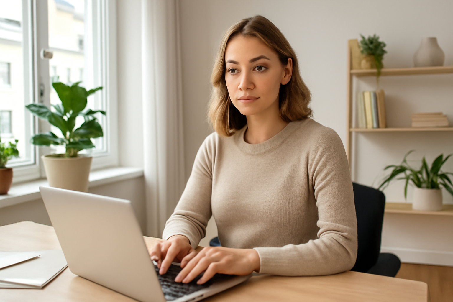 Ung kvinna vid dator som arbetar med kreativt innehåll och fotografering