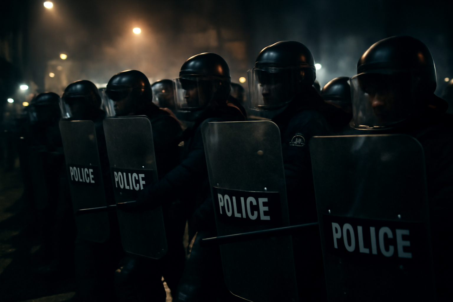 Gatuscen med demonstranter och polisbarriärer, symboliserande konfrontation