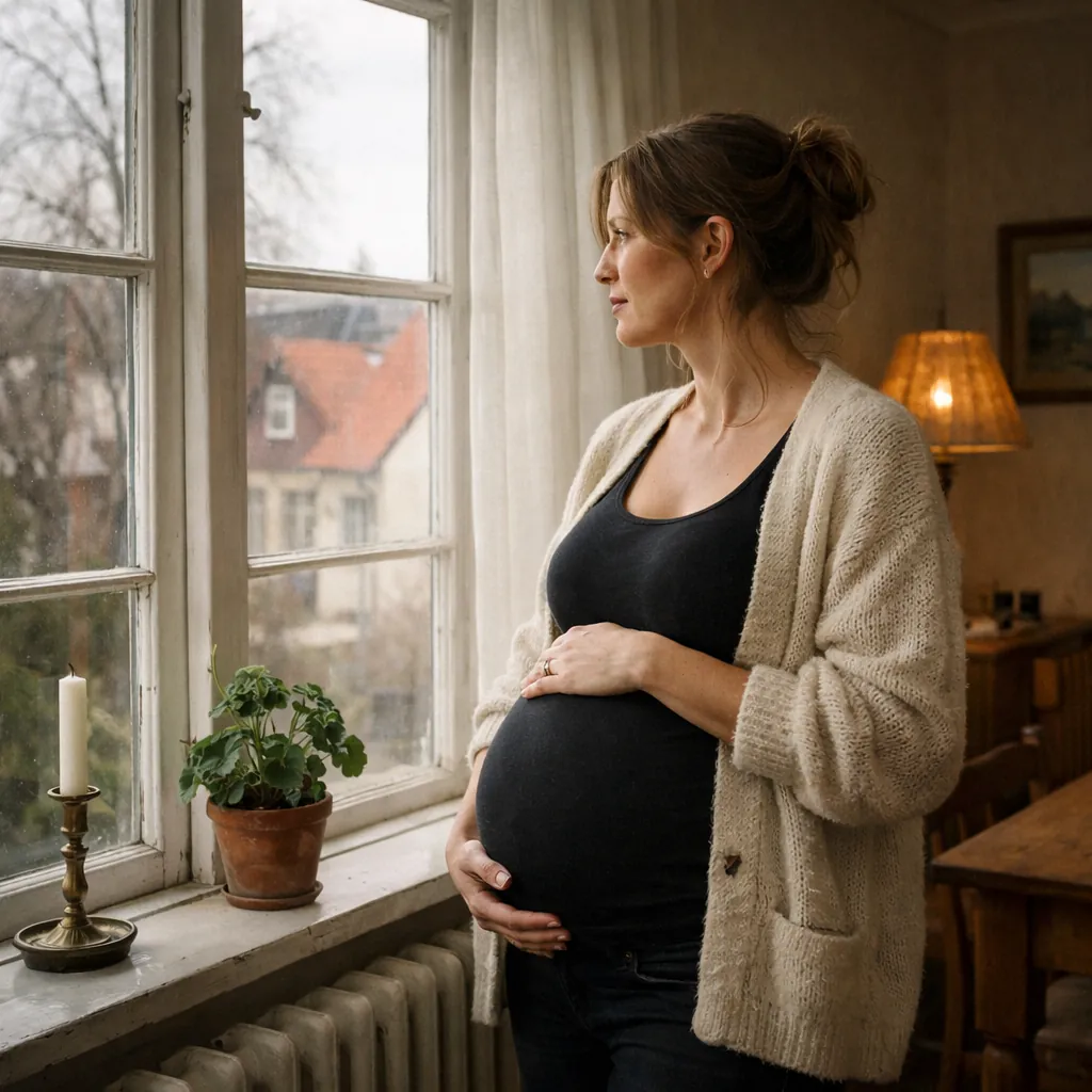 En kvinna vid ett fönster, tankfull och fridfull, symboliserar det personliga valet att bli surrogatmamma