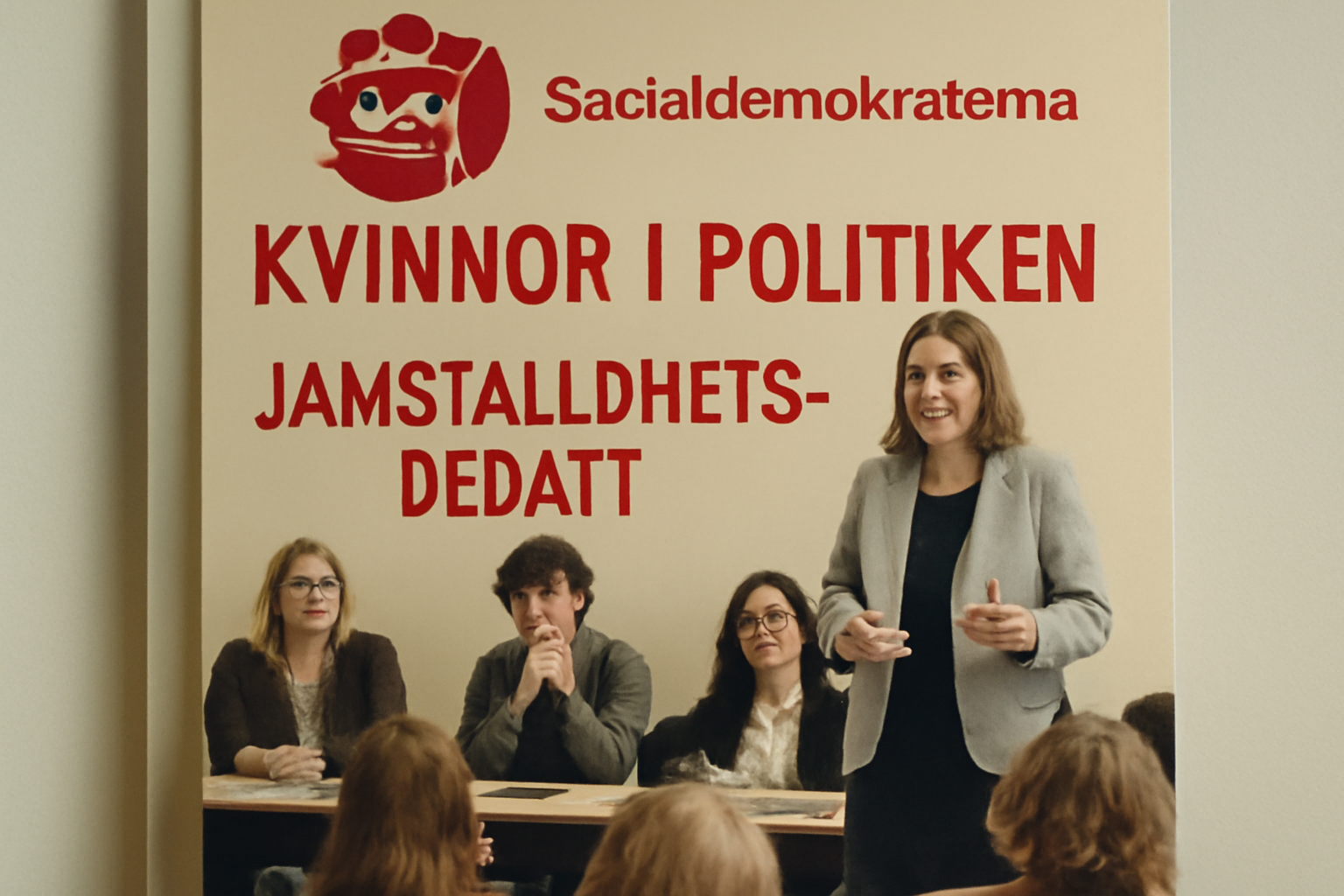 Tomt partimöte med röda stolar, symboliserande politisk kris