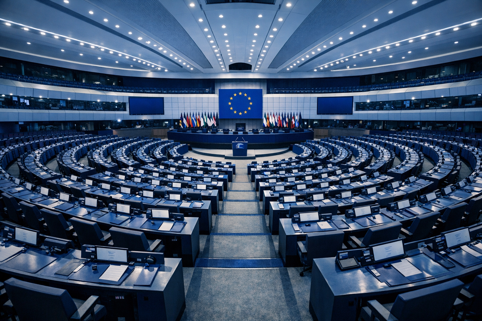 Europaparlamentets byggnad i Bryssel vid skymning