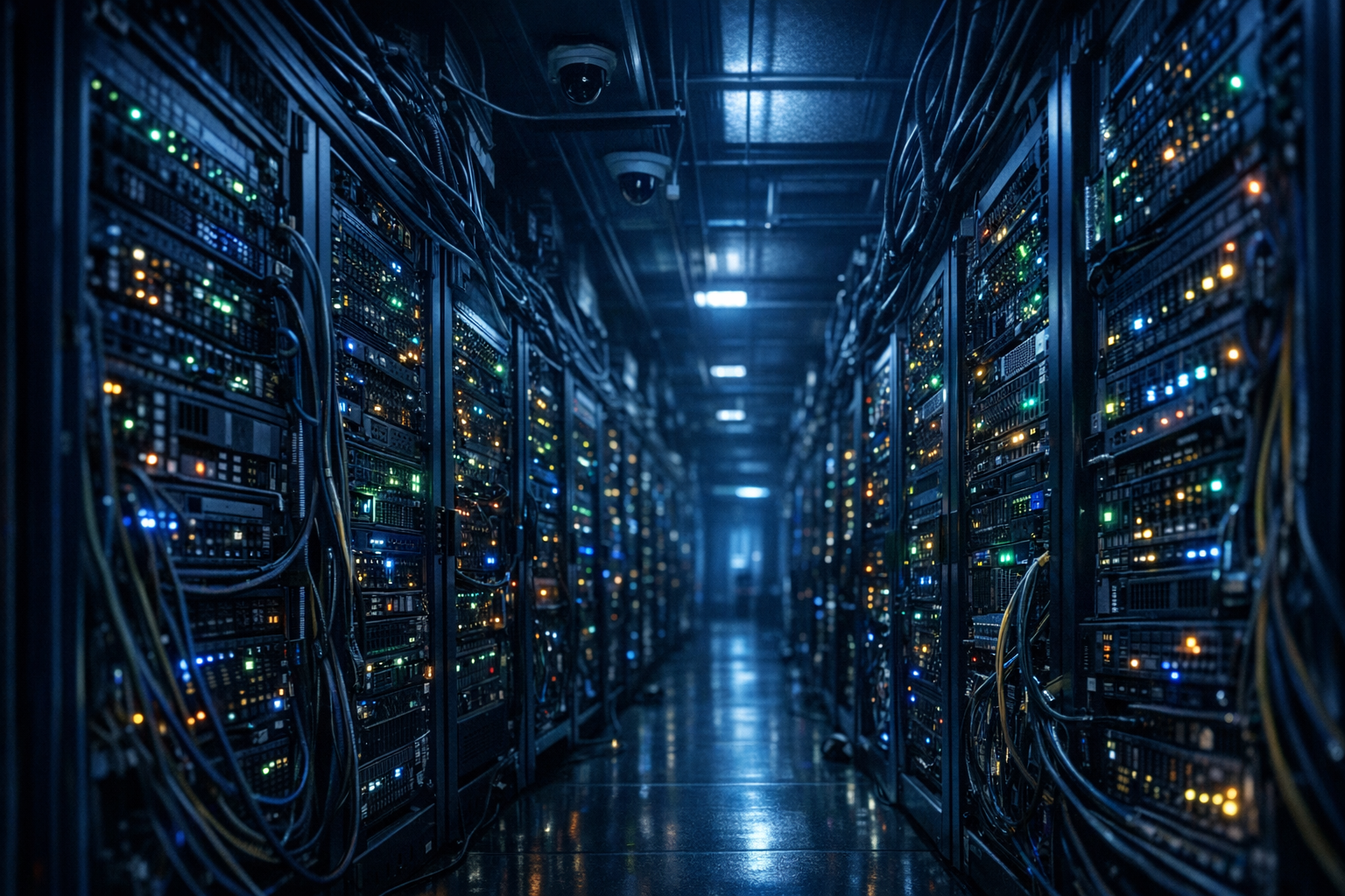 Serverhallar med blinkande lysdioder och kablar i halvmörker