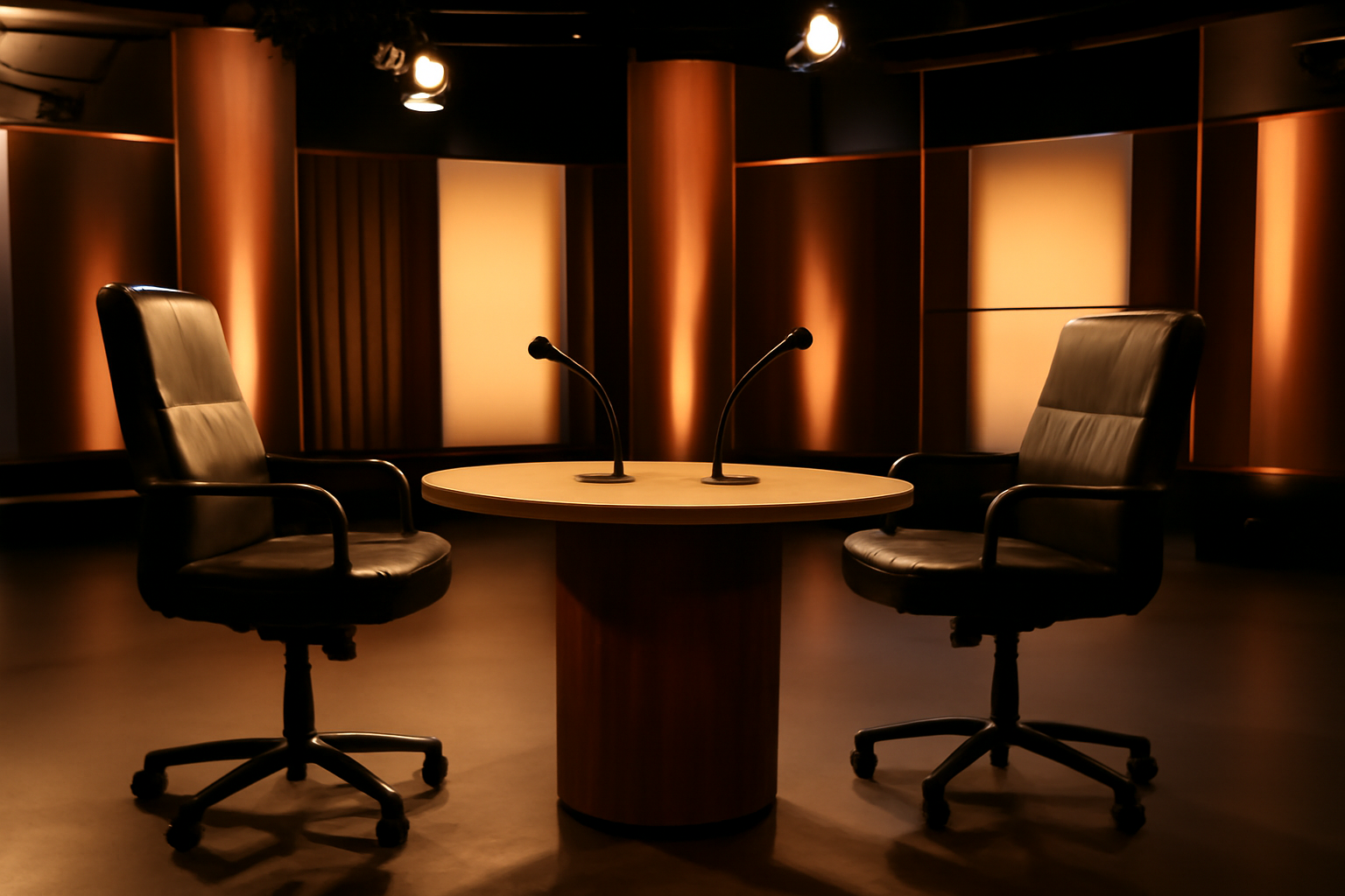 Studio med TV-ljussättning och debattdeltagare runt ett bord