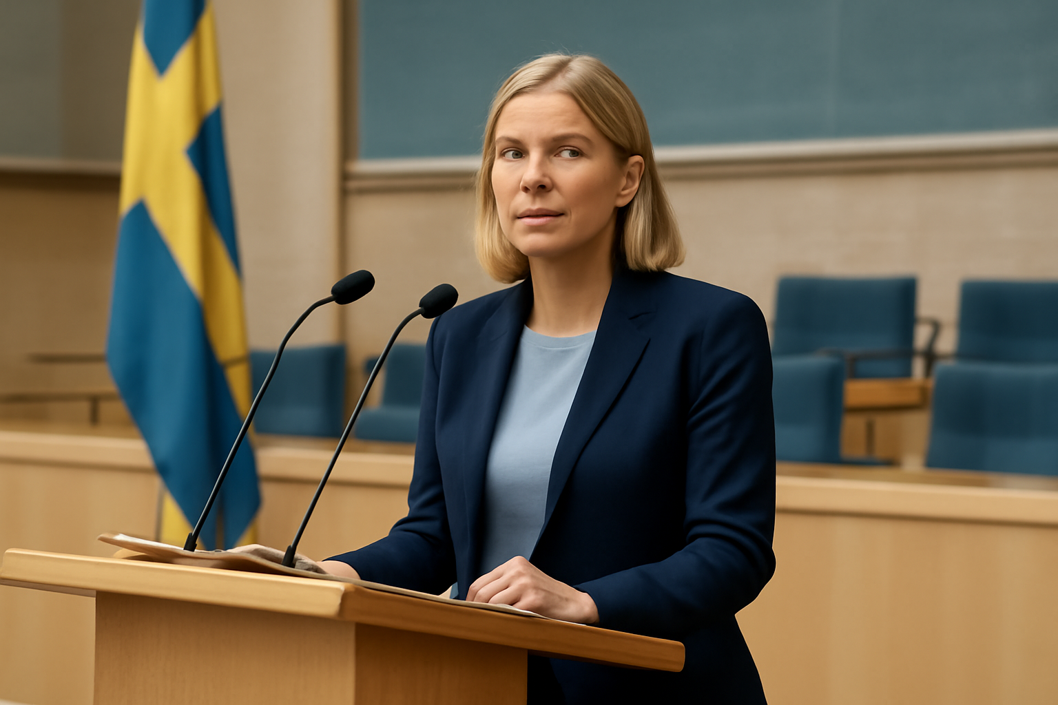 Kvinna i kostym som håller tal vid podium, symboliserande politisk ledare
