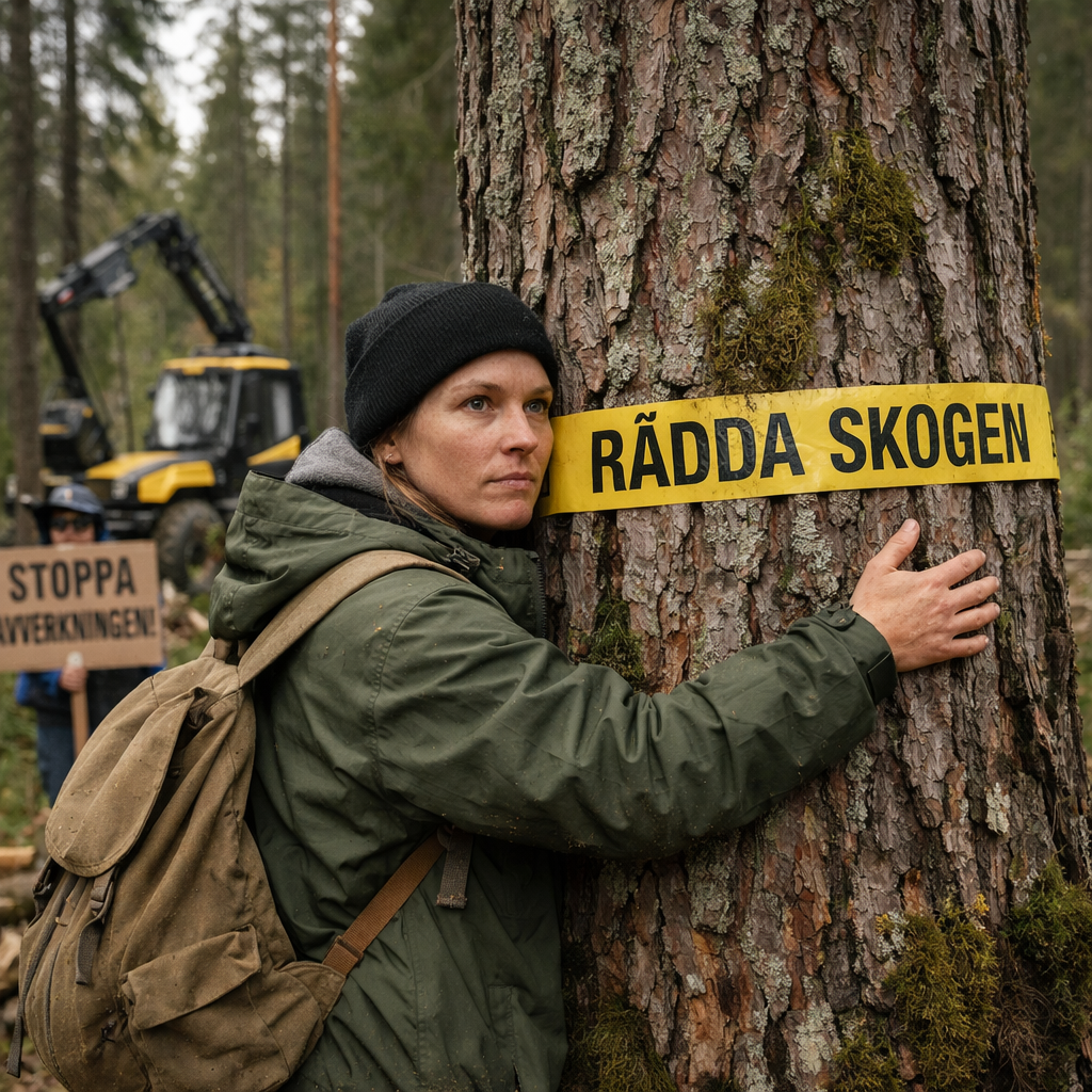 Svensk skog med naturvårdare som skyddar träd, symboliserar kampen för miljö och landsbygd