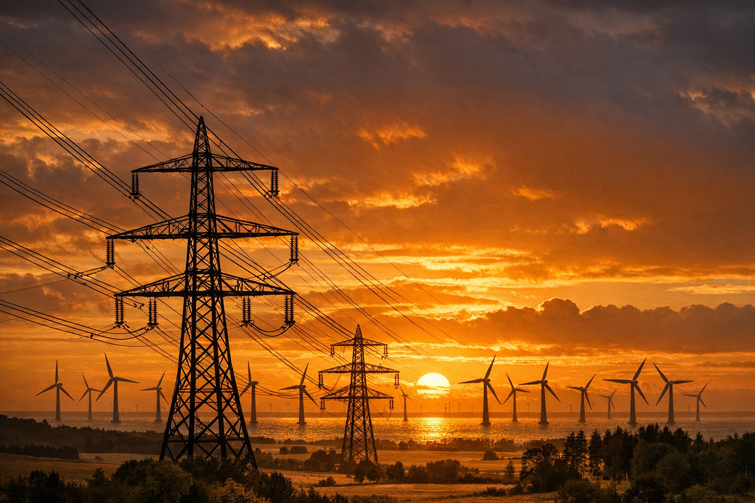 Vindkraftverk i solnedgång med kraftledningar i förgrunden