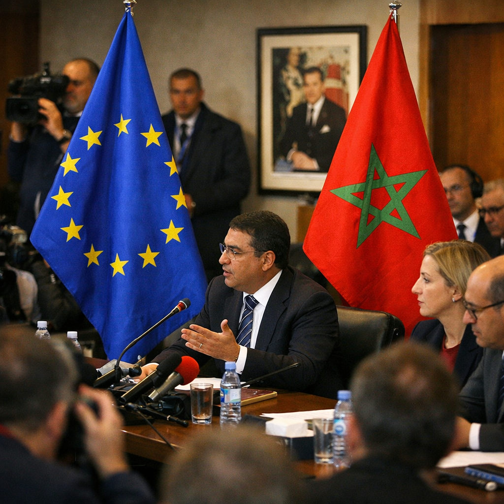 EU-flagga och Marockos flagga tillsammans, symboliserar det kontroversiella ekonomiska samarbetet