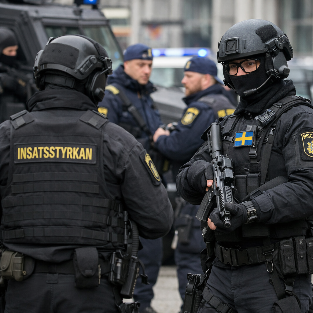 Säkerhetsstyrkor och polisinsats, symboliserar kampen mot terrorism och behovet av politiskt mod
