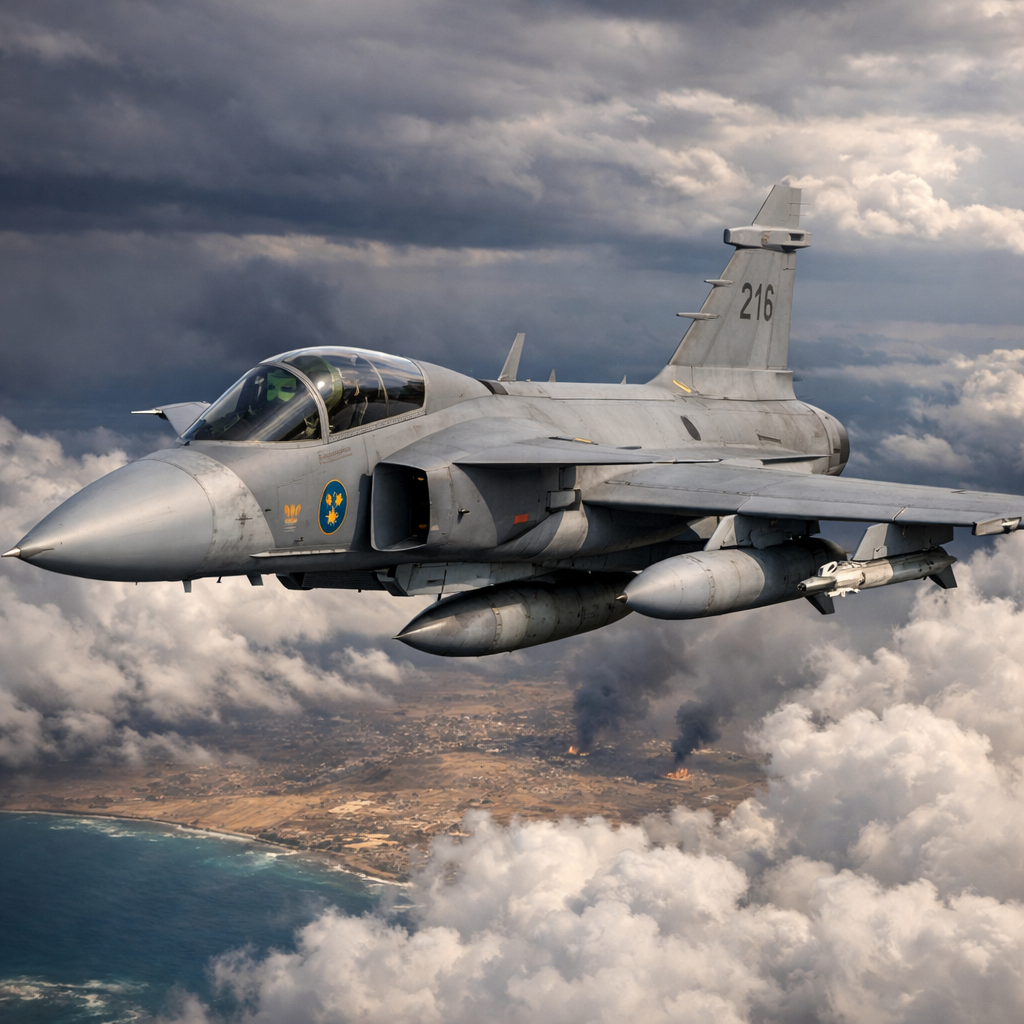 Svenskt JAS Gripen-plan i flygning, symboliserar Sveriges militära förmåga och ansvar i internationella konflikter