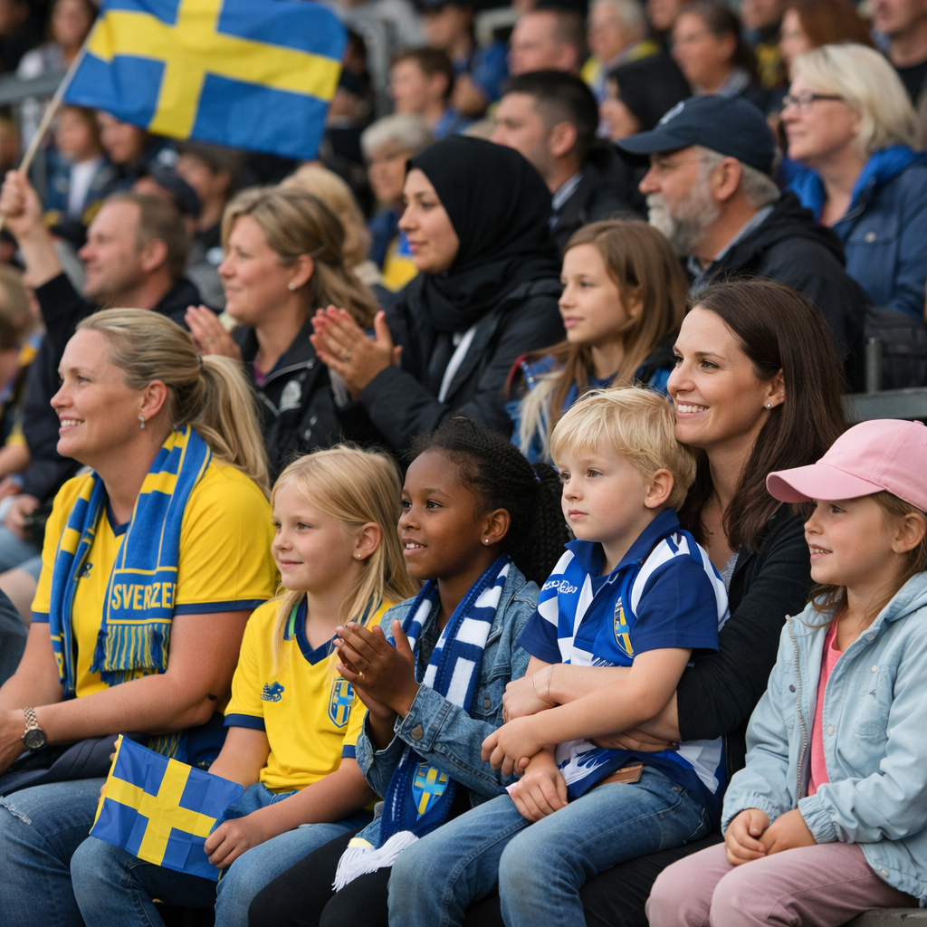 Fotbollspublik med kvinnor och barn på läktaren, visar familjär och inkluderande atmosfär på svenska arenor