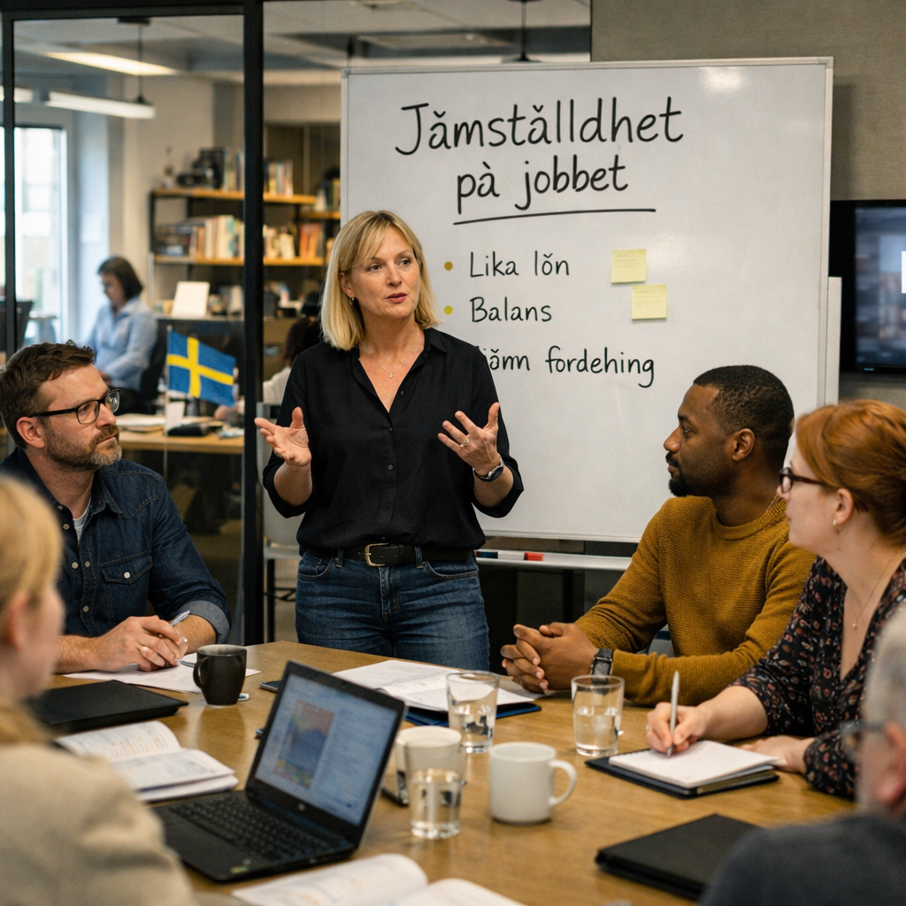 Professionell kontorsmiljö som symboliserar diskussion om jämställdhet på arbetsplatsen