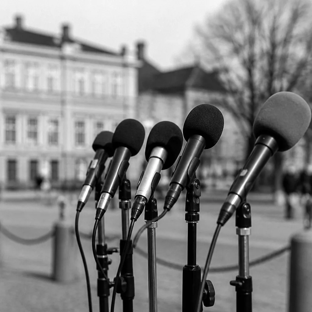 Mikrofoner uppställda inför presskonferens