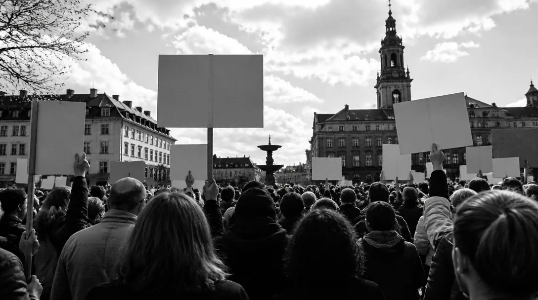 Demonstrationståg i svartvitt med höjda plakat