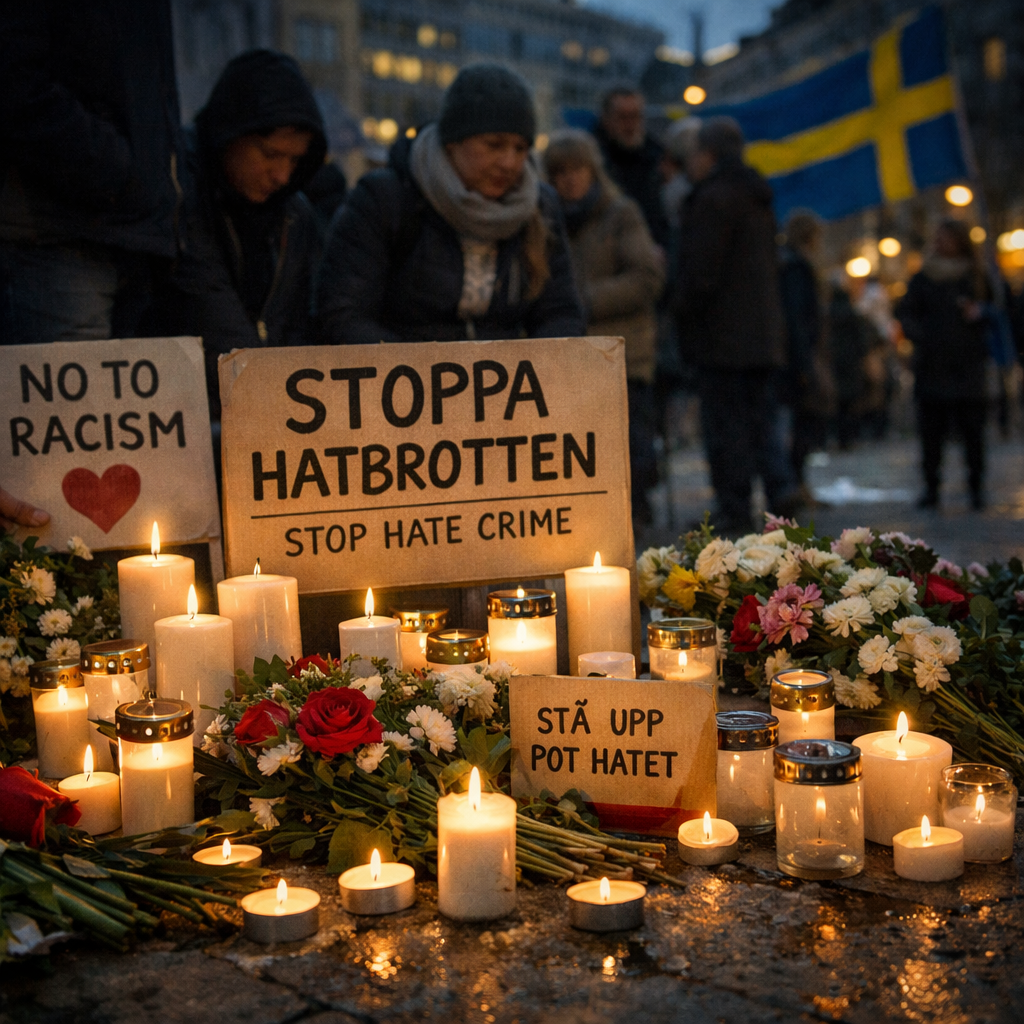 Ljus och blommor som hedrar offer för hatbrott, symboliserar solidaritet mot rasism och islamofobi