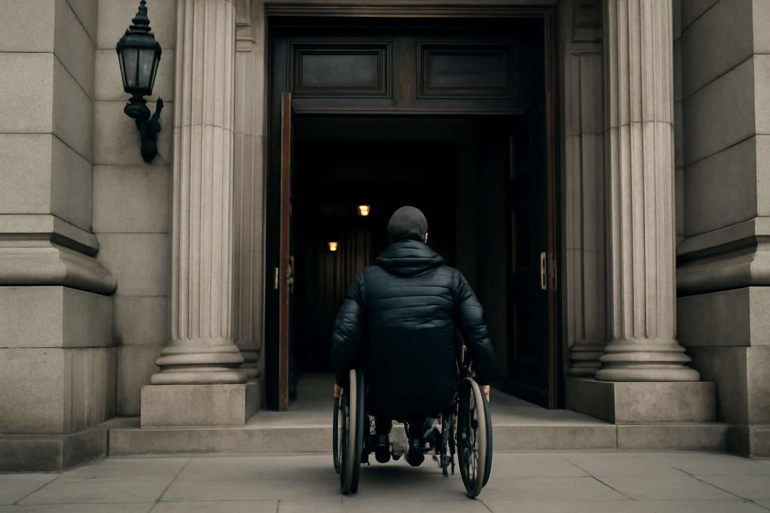 Person i rullstol med assistent utomhus, symboliserande personlig assistans