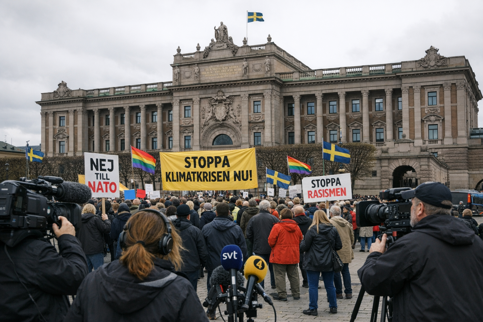 Nordiska flaggor i rad mot en grå himmel