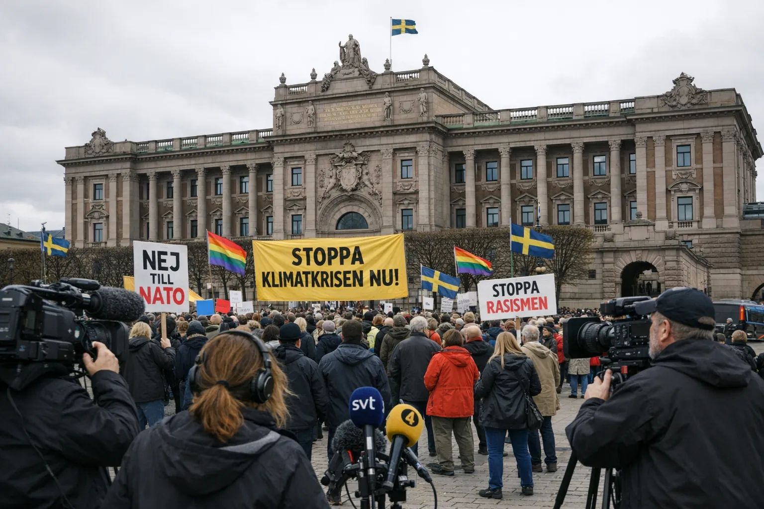 Nordiska flaggor i rad mot en grå himmel