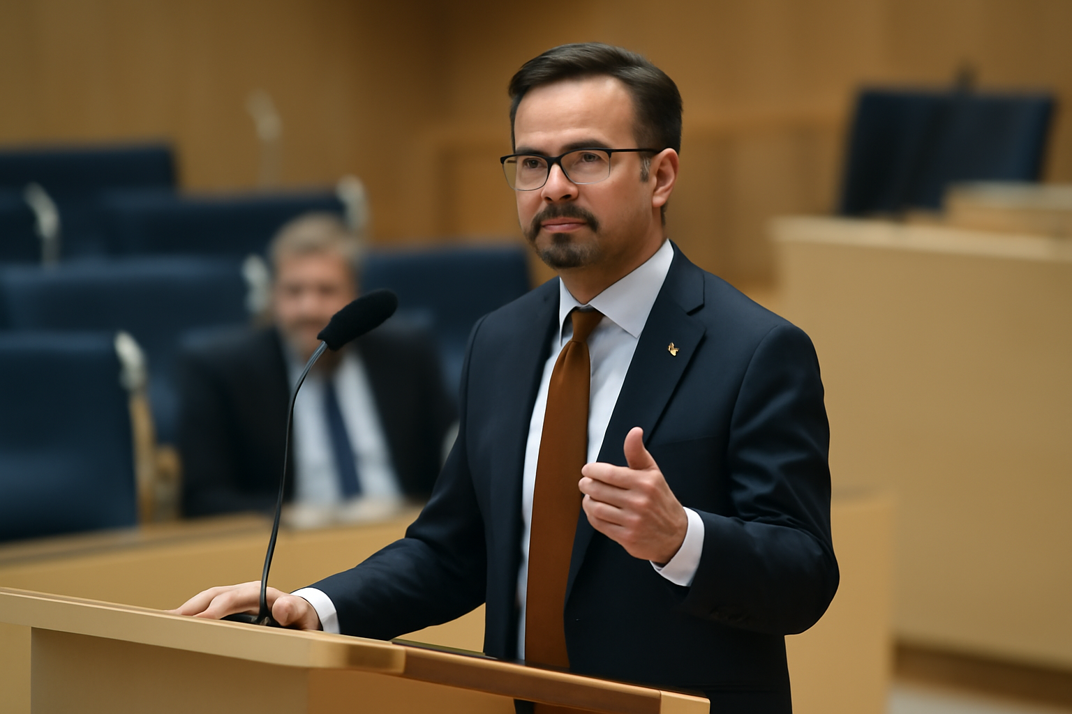 Politisk talare vid podium framför partisymboler