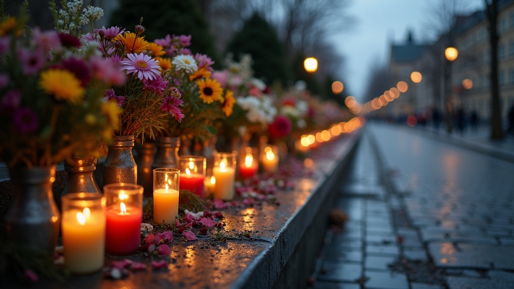 Minnesplats med blommor och ljus, symbolbild för terrorism och sorg