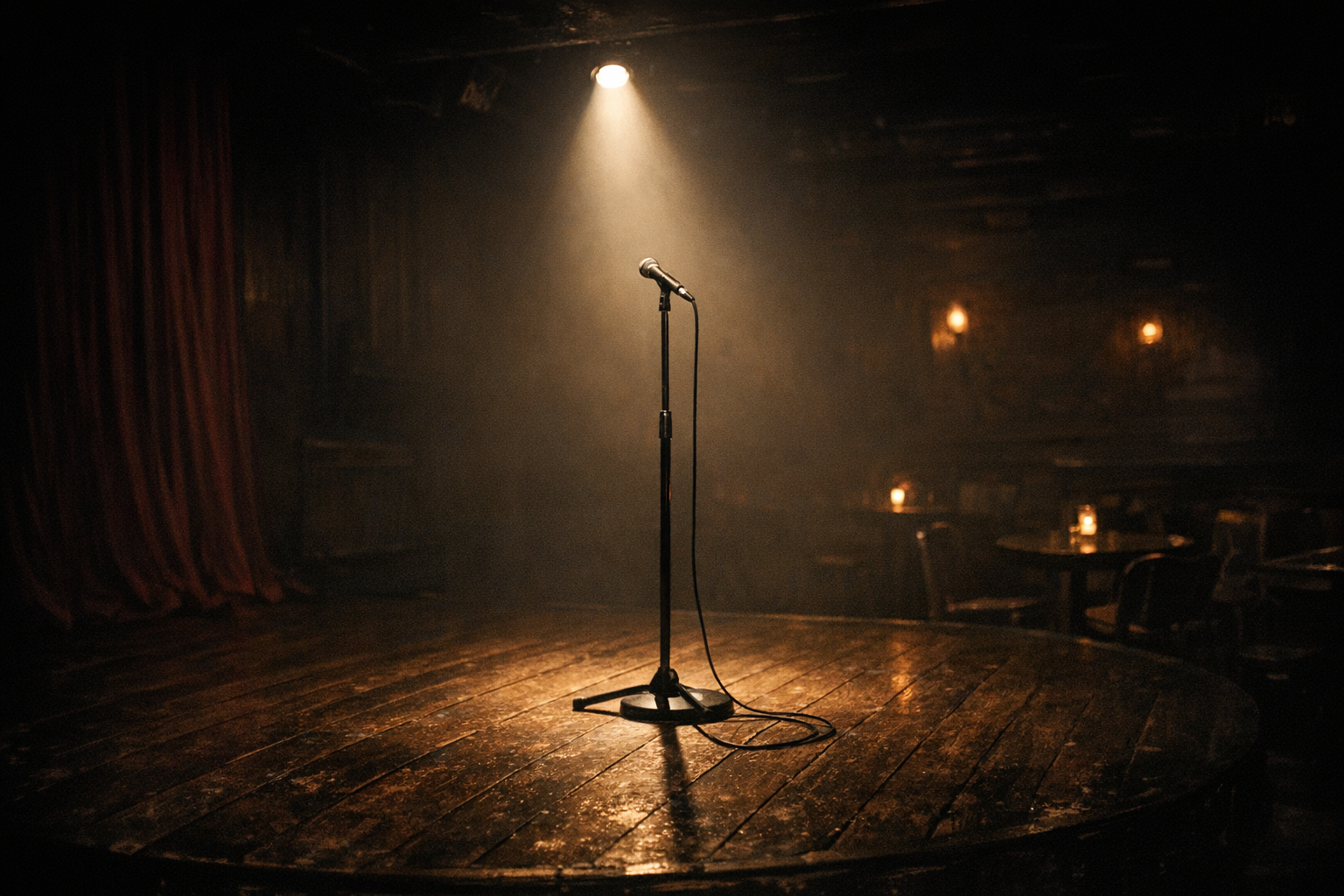 Tom scen med mikrofonstativ och spotlight i en mörk komediklubb