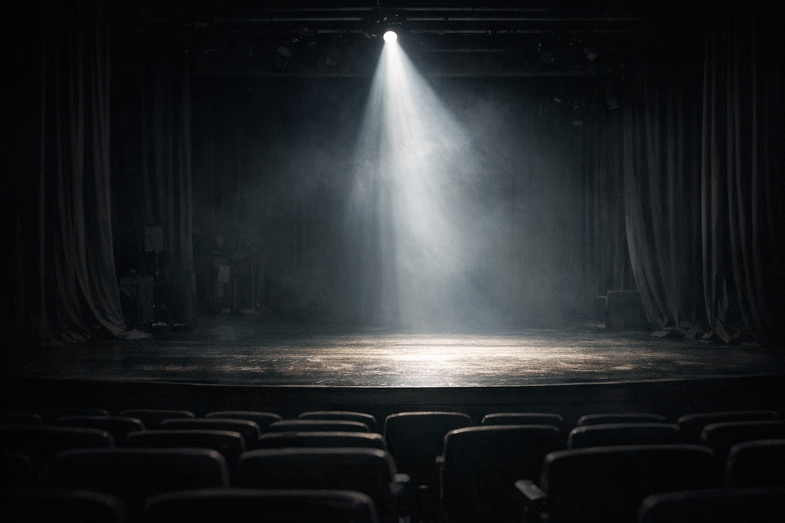 Tom teaterscen med dramatisk belysning