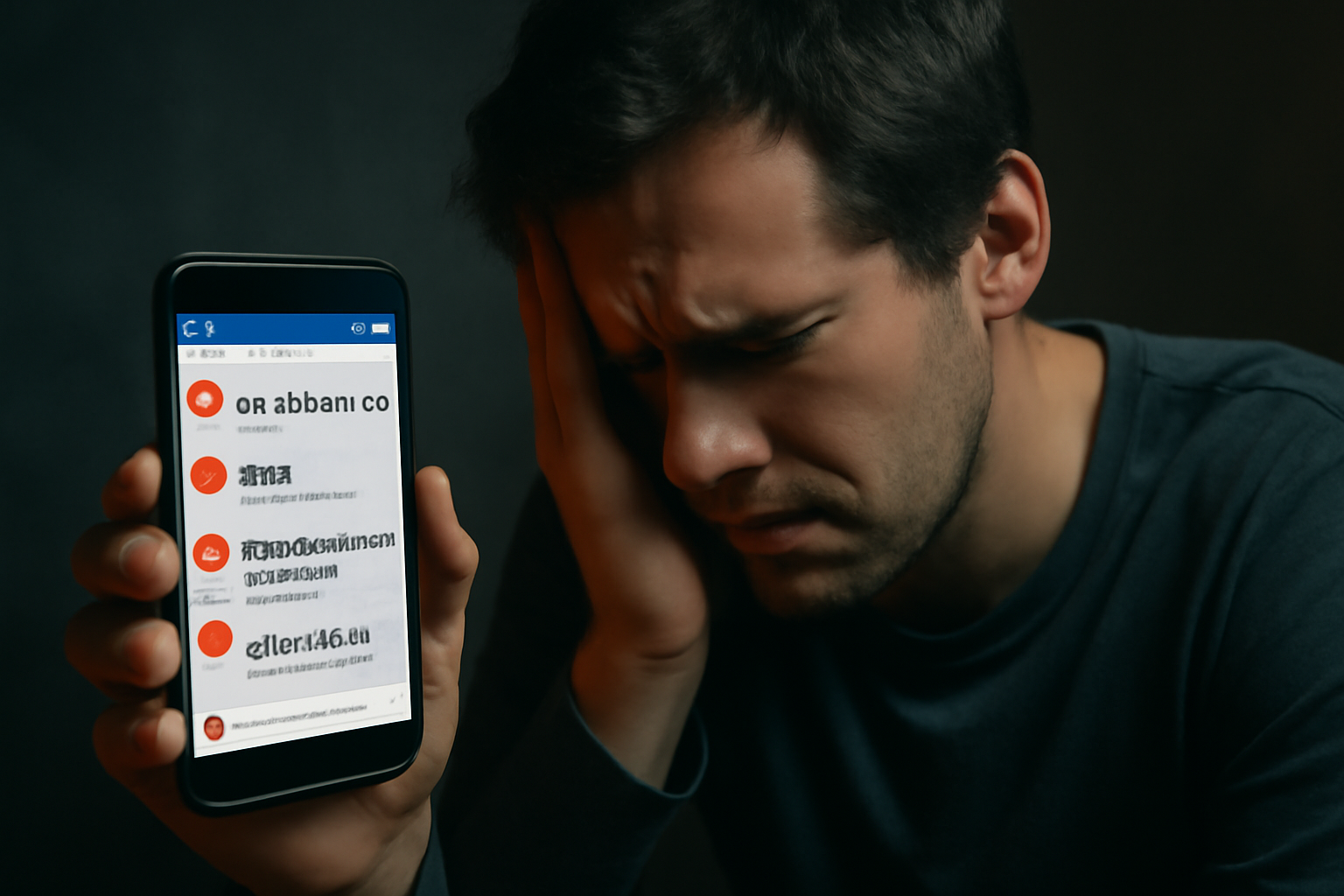 Person som tittar oroat på skärm med sociala medier, symboliserande näthat