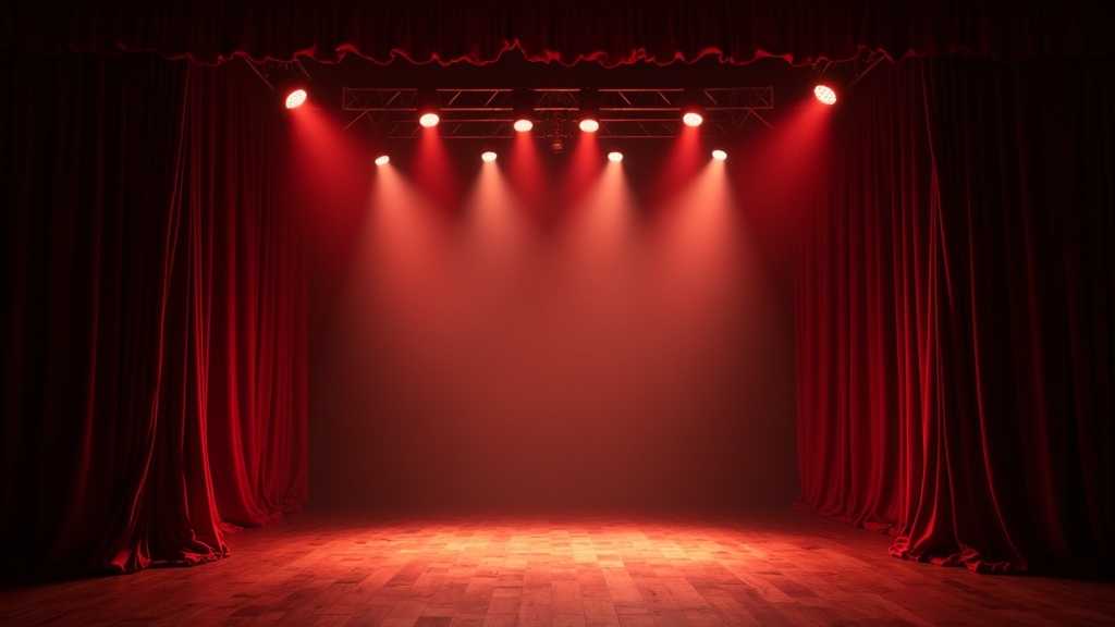Operascen med dramatisk belysning, konstverk och teaterföreställning