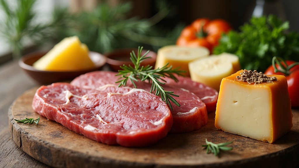 Bord med kött, mejeriprodukter och matvaror, symbolfoto för kost och nutrition