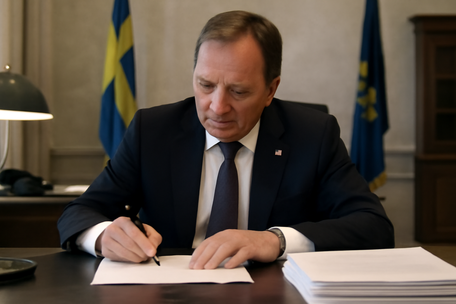 Politiker vid talarpodium med allvarligt uttryck, symboliserande ansvarsfull politik