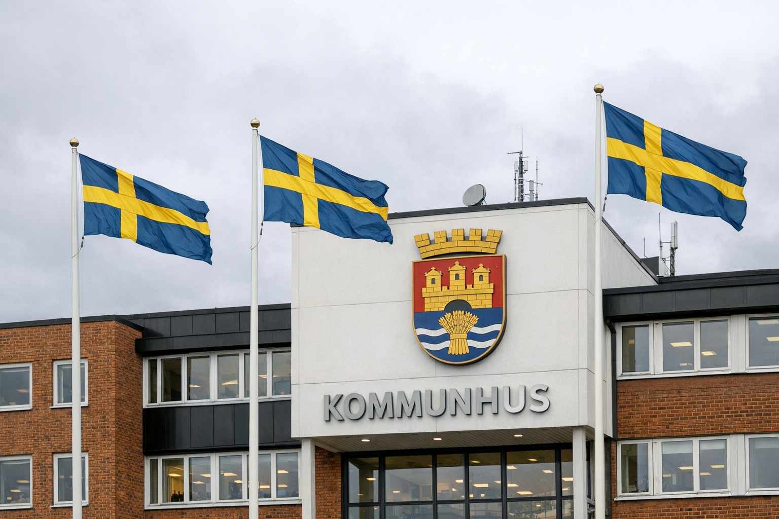 Kommunhus med kommunvapen och svenska flaggor mot mulen himmel