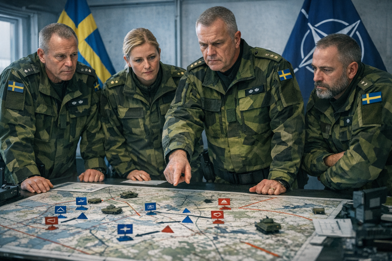 Svenska militärer studerar kartor vid ett NATO-kommandocenter