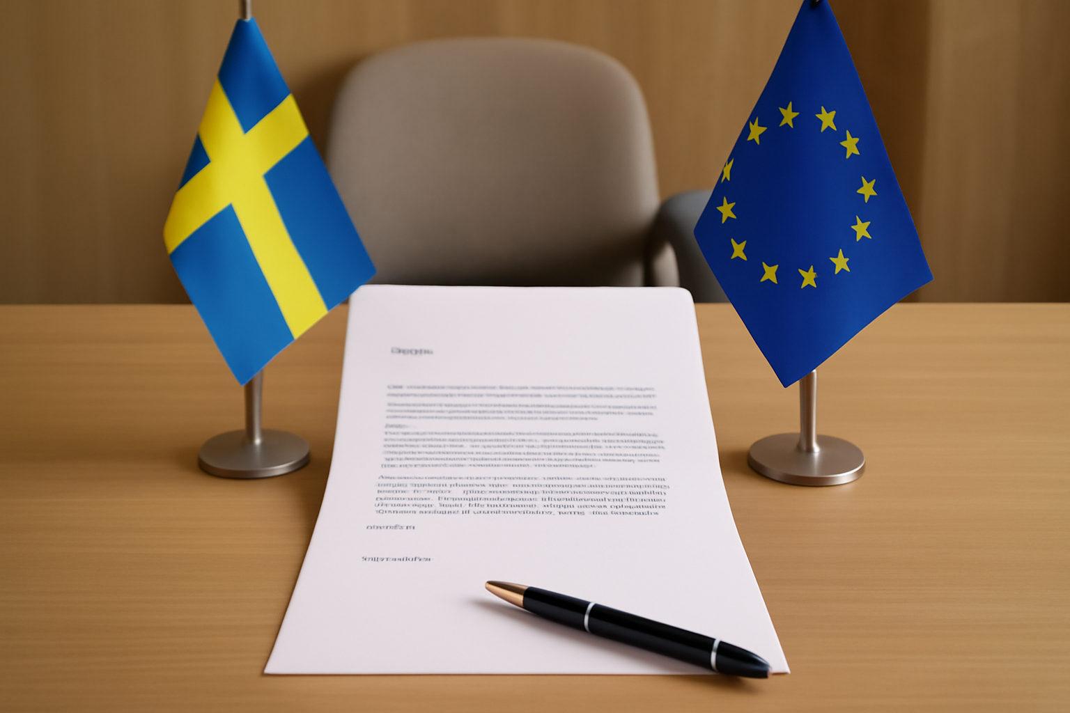 Politiker vid skrivbord med penna och brev, symboliserande politisk korrespondens