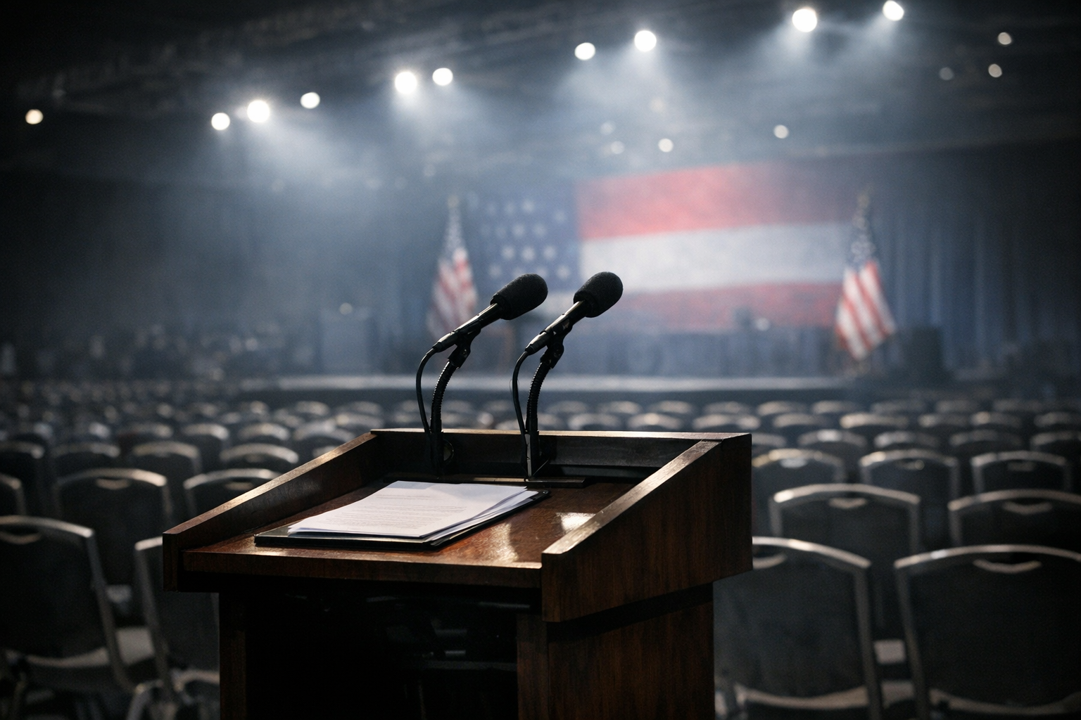 Tom talarstol i ett stort konferensrum med rader av tomma stolar
